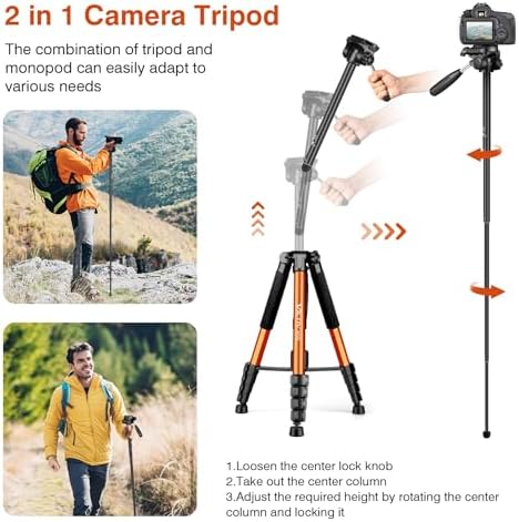 Tripod for Camera, 72" Tall Camera Tripod & Monopod with Remote, Professional Heavy Duty Compact Camera Stand for Phone, DSLR, Spotting Scope, Telescope, Binocular - Image 4