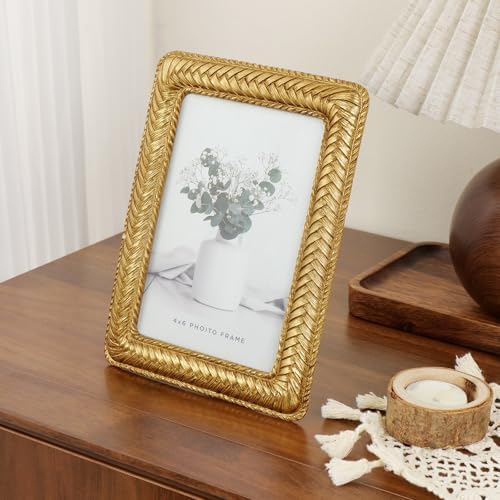 Cuspin 4x6 Gold Picture Frame, Vintage Decorative Rattan Resin Photo Frame - Image 6