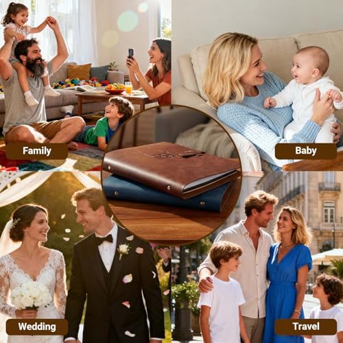 Vintage PU Leather DIY Scrapbook, 6-Ring Refillable 180° Lay Flat Photo Album Holds 220 4x6 Photos, 25 Blank Pages, Gift for Wedding Baby Travel Family - Image 7
