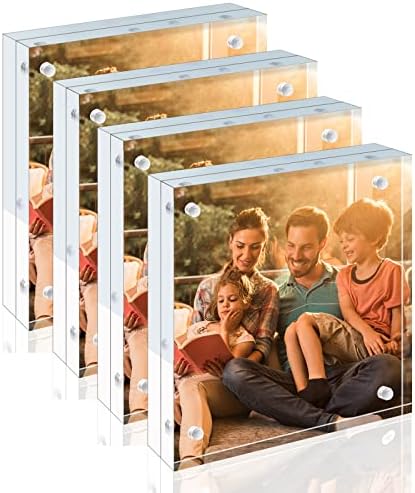 Egofine 4x4 Acrylic Frames 4 Pack, 20mm Thicker Frameless Clear Picture Frames, Double Sided Magnetic Picture Frames, Free Standing Desktop Display by Egofine