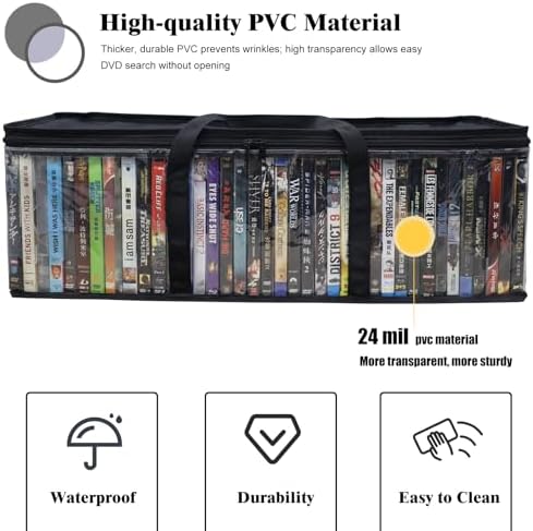 DVD Storage Bags, 2 Pack Holds 80 DVDs (40 Each), Water Resistant Clear PVC Case Holder Organizer with Handles, Stackable Media Storage for Blu Ray, CDs, Video Games - Image 3