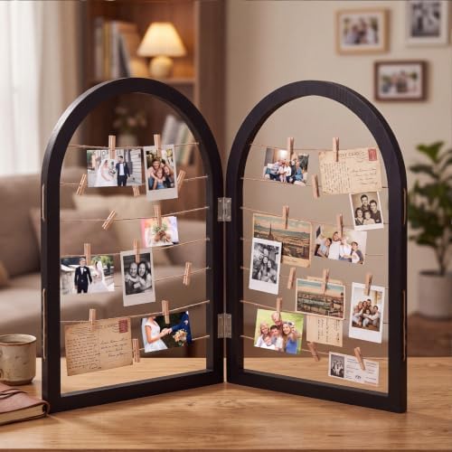 Briwooody 2 Panel 24 x 18 Inch Photo Display Rack with Clips Wooden Arched Picture Collage Frames Board for Farmhouse Wedding Postcard Greeting Card Organizer Holder Home Dorm(Black) - Image 6