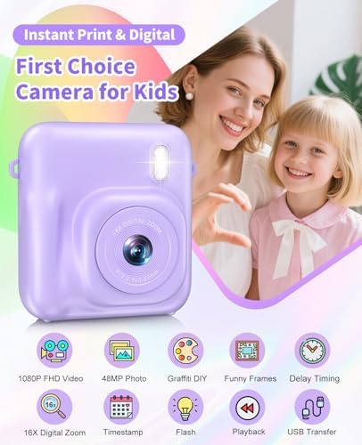 Kids Camera Instant Print, 1080P Dual-Lens Digital Camera for Kids, Purple - Image 2
