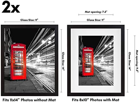 Americanflat 11x14 Picture Frame with Shatter-Resistant Glass - Set of 2 - Use as 8x10 Frame with Mat or Display 11x14 Photo Without Mat - Signature Collection - Picture Frames for Wall - Black - Image 2