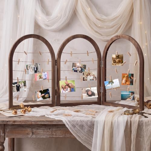 Briwooody 3 Panel 53 x 24 Inch Photo Display Rack with Clips Wooden Arched Picture Collage Frames Board for Farmhouse Wedding Postcard Greeting Card Organizer Holder Home Dorm(Black Walnut) - Image 6