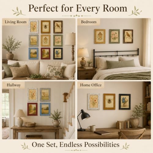 5x7 Rustic Farmhouse Picture Frames with Vintage Prints, Set of 9 - Image 6