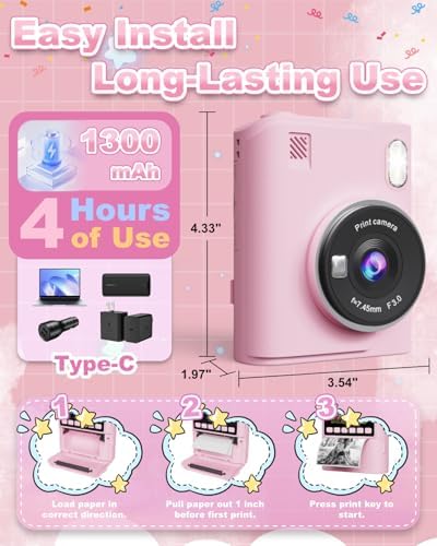 Instant Print Camera for Kids, 1080P Instant Digital Print Cameras for Toddler, Portable Toy for 4 5 6 7 8 9 10 Year Old Girl, Christmas Birthday Gifts for Girls Boys with SD Card Pink - Image 4