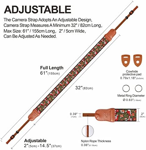 Padwa Lifestyle Green Flower Camera Strap for All DSLR Cameras,Double Layer Cowhide Ends,2" Wide Pure Cotton Embroidered Woven Camera Straps,Adjustable Neck & Shoulder Strap,Gift for Photographers - Image 5