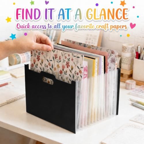 12x12 Scrapbook Paper Storage Organizer, Expandable 13 Pocket Desktop Paper Organizer Storage for Scrapbook Essentials, Large Scrapbook Storage for Photos, Washi Tape, Sticker (Black) - Image 6