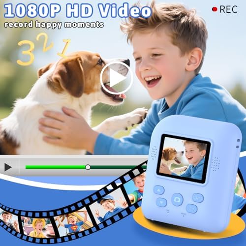 Okaloka Kids Instant Print Camera Toys,1080P HD Toddler Digital Video Camera,Christmas Birthday Gifts for Girls Boys Age 3-12 Year Old - TF Card Included (Blue) - Image 3