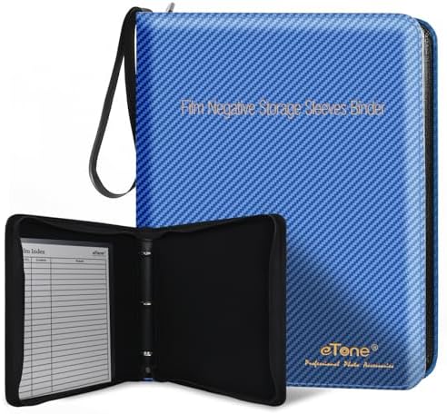 eTone Film Negative Storage Box, PU Leather 3-Ring Binder Album, Gold Foil, 13.18x7.08x1.96 Inch, Velvet Lined for 35mm 120 4x5 8x10 Negatives (Blue) by eTone