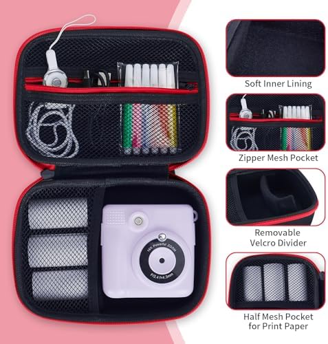 Kids Camera Case Fit for ESOXOFFORE/Dylanto/Yehtta/HiMont/Gofunly Instant Print Camera Toy,Portable Digital Camera bag Storage Holder Organizer(Case Only) - Black&Red - Image 4