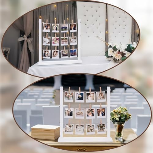 Cinnvoice Desk Photo Display Board with Clips Wooden Photo Holder for Table Picture Collage Board Tabletop White Collage Frame Picture Postcard Display Stand Classroom Wedding Anniversary Home Decor - Image 5