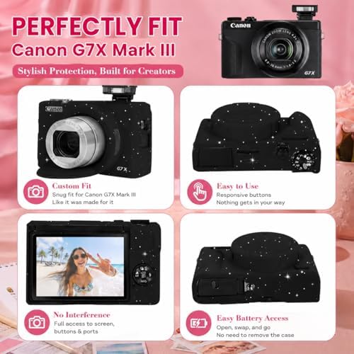 Camera Case for Canon G7X Mark III,Soft Silicone Protective Cover with Removable Lens Cap,Shockproof Anti-Scratch Compatible with Canon PowerShot G7X3 for Women (Black Star) - Image 4