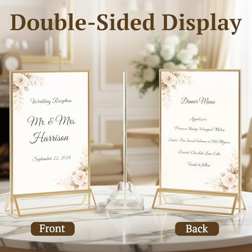 EHWINE 6 Pack Acrylic Sign Holder 4 x 6, Double Sided Gold Picture Frame Stand up Table Top Sign Holders, Clear Display Stand Menu Flyer Holder for Wedding Party - Image 2