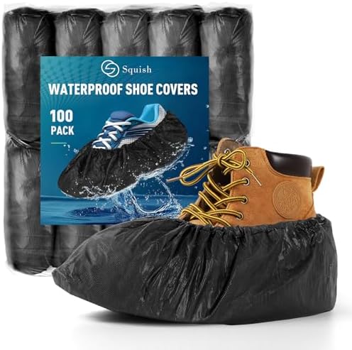 squish Shoe Covers Disposable Non-Slip, 100 Pack 6g Thick Booties Cover, Waterproof Slip Resistant Disposable Shoe Covers Durable Protector Covers for Indoors and Outdoors Fit Up to 13 Size (Black) by squish