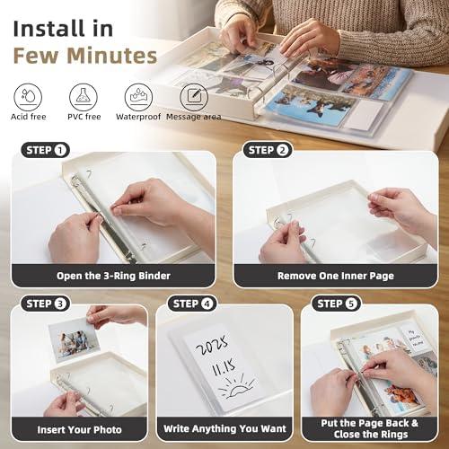 4x6 Photo Storage Box with 3-Ring Slip-In Album, Linen Binder Organizer with Gold Foil Cover, Holds 310 Photos with Blank Memo Cards for Memories & Keepsakes, Beige - Image 4