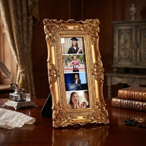 Wonderjune 4 Pack 2 x 6 Inch Vintage Gold Photo Booth Frames, Photo Booth Frames Antique Ornate Resin Frame with Glass Front, Tabletop & Wall Display for Wedding Party Decor - Image 4