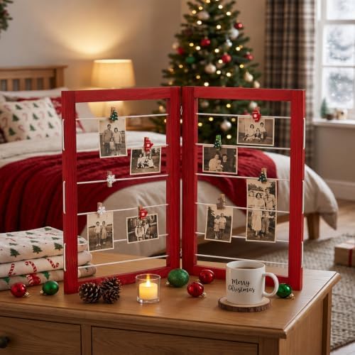 Geelin 36 x 24 Inch Photo Display Board with Clip Farmhouse Picture Display Wooden Rustic Freestanding Picture Collage Frame Wedding Tabletop Decor for Home Dorm (2 Panel,Christmas Red) - Image 5