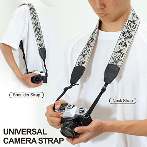 Padwa Lifestyle Camera Strap - 2" Wide Vintage Jacquard Embroidery Grey Flower Camera Straps with Genuine Leather Head,Adjustable Neck Shoulder Strap for All Cameras and Men & Women Photographers - Image 4
