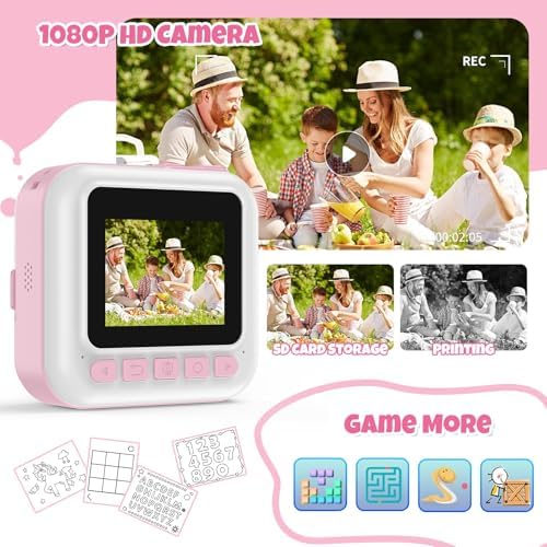 Instant Print Camera for Kids, 1080P Children Printable Cameras Christmas Birthday Gifts for Girls Age 3-10, Toddler Toy for 3 4 5 6 7 8 9 10 Year Old with 3 Roller Photo Paper (Pink) - Image 3