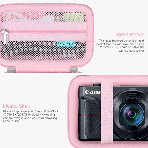 RAIALL Camera Case for Canon PowerShot SX740/ SX730/ SX720/ SX710/ SX620/ SX610 HS Digital Camera, SX740/ SX730 Vlogging Camera Travel Hard Bag, Mesh Pocket for Battery, SD Card and Cable, Pink - Image 4