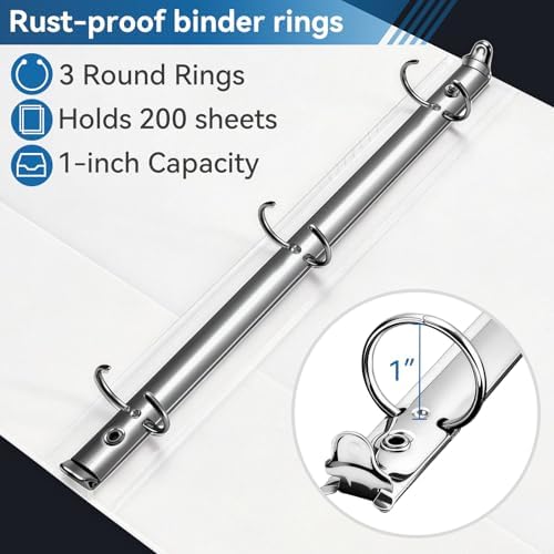 SUIN 1-inch 3 Ring Binder with 2 Pockets, Clear Customizable View Binders for US Letter Size 8.5'' x 11'', PVC Free, 1'' Binder for Office, Home, and School, White, 6 Pack - Image 3