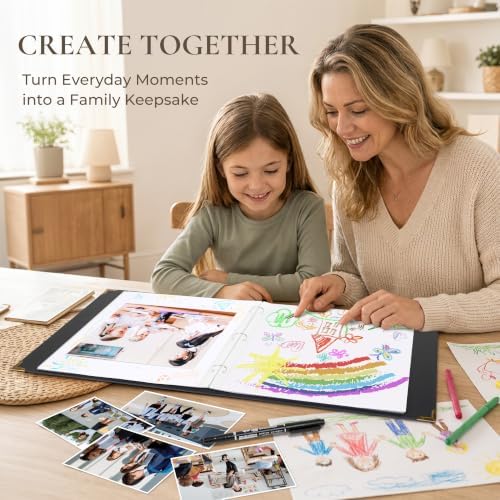 Vienrose Large 3 Ring Scrapbook Album 14.2 x 13 Inch, Textured Paper Cover DIY Photo Album with 40 Plastic Sleeves for Photos Baby Travel Wedding Anniversary Black - Image 4