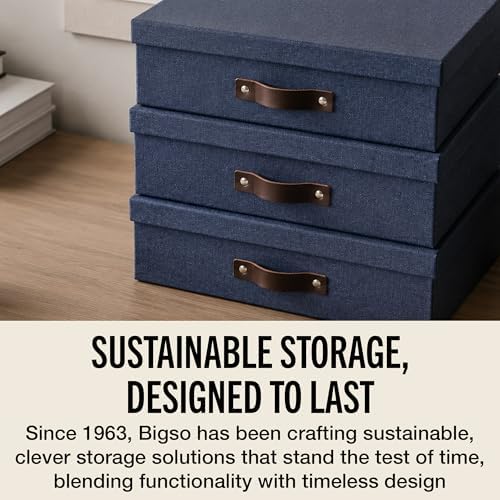 Bigso Oskar Canvas Fiberboard Document Letter Box - File Organizer Box for Important Paperwork - Document Storage with a Lid & Handle - 3.3 in x 10.2 in x 13.8 in - 3 Pack - Blue - Image 7