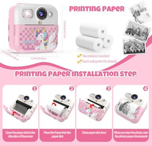 Instant Print Camera for Kids, 1080P Children Printable Cameras Christmas Birthday Gifts for Girls Age 3-10, Toddler Toy for 3 4 5 6 7 8 9 10 Year Old with 3 Roller Photo Paper (Pink) - Image 6