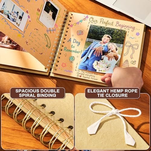 8x8 Scrapbook Album, Handmade Lokta Paper Cover, 40 Pages 250gsm Acid-Free Kraft Paper, DIY Memory Photo Album with Metal Corners & Inner Pocket for Wedding, Anniversary, Baby, Family - Image 4