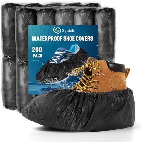 squish Shoe Covers Disposable Non-Slip, 200 Pack 6g Thick Booties Cover, Waterproof Slip Resistant Disposable Shoe Covers Durable Protector Covers for Indoors and Outdoors Fit Up to 13 Size (Black) by squish