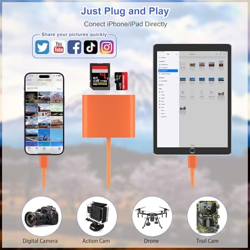 SD Card Reader for iPhone, Memory Card Reader with USB-C to Light-ning Adapter Plug and Play Trail Game Camera Micro SD Card Viewer Support SD/TF Card and USB for iPad No App Required (Orange) - Image 3
