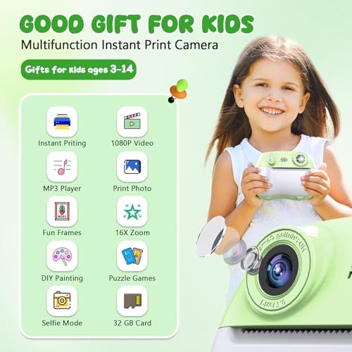 Kids Camera Instant Print 1080P Front Rear Dual Selfie - Toddler Cameras with Digital Video Games,32GB & 5-Color Print Paper/ 250 Photos,Easy to Use & Great Toys Gifts for Boys Girls, Ages 3-12 Green - Image 2
