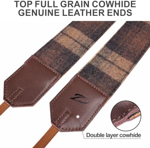 Padwa Lifestyle Camera Strap - 2" Full Grain Leather Ends Camera Straps for Photographers, Unique Vintage Cashmere and Soft Suede Fabric Padded Strap Quick Release fits All Cameras(Dark Coffee Check) - Image 2