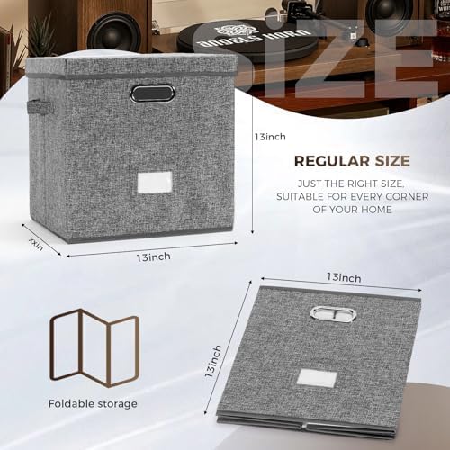 Sturdy Vinyl Record Storage Box - Album Storage Holds up 50+ Single Record, LP Storage Organizer Crate With Lid, Decorative Moving Box For Records, Solutions to Protect Your Precious Collection Grey - Image 2
