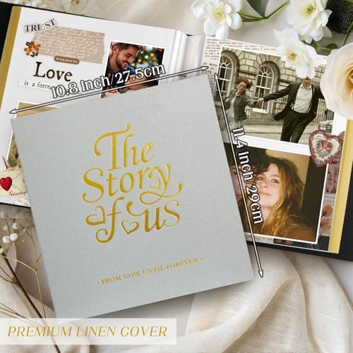 Lanpn Couples Scrapbook Photo Album - The Story of Us, Linen Wedding Anniversary Self Adheisve Picture Book holds 4x6 5x7 A5 Photo for Love Newlywed Valentine's Day (Small 20 Sheets/40 Pages, Grey) - Image 2