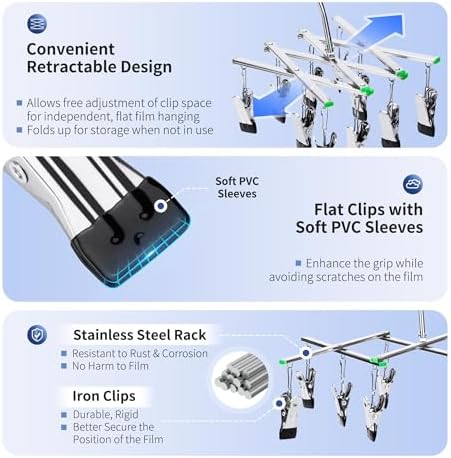 JJC 35mm 120 Film Drying Hanging Rack with 10 Clips, Stainless Steel Film Hanger for 135 120 4x5 Film, Darkroom Supplies Foldable Frame, Windproof Soft Clip, No Scratche - Image 3