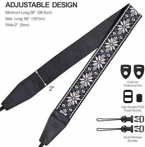 Padwa Lifestyle Camera Strap - 2" Full Grain Leather Ends Camera Straps for Photographers, Vintage Embroidered Cotton Weave Soft Strap Quick Release fits All Cameras - Image 6
