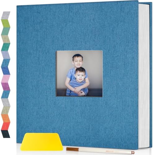 Popotop Photo Album Self Adhesive with Picture Display Window,60 Pages DIY Scrapbooking Supplies Kit for 4x6 10x12 Picture,Linen Cover Memory Book for Baby Wedding, with Scraper and Metallic Pen by Popotop