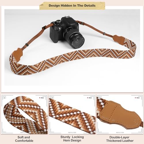 Universal Camera Strap - Camera Neck Strap, Adjustable Shoulder Straps Compatible with Canon, Fujifilm, Nikon, Olympus, Panasonic and other SLR and mirrorless cameras - Brown White Gquares - Image 5