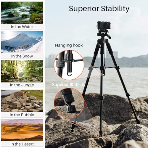 74'' Camera Tripod, Fotopro Lightweight Aluminum Travel Tripod for DSLR Camera and Phone with Detachable 3-Way Pan-Tilt Head Carry Bag and Mount Phone Stand for Video Recording Live Streaming - Image 7