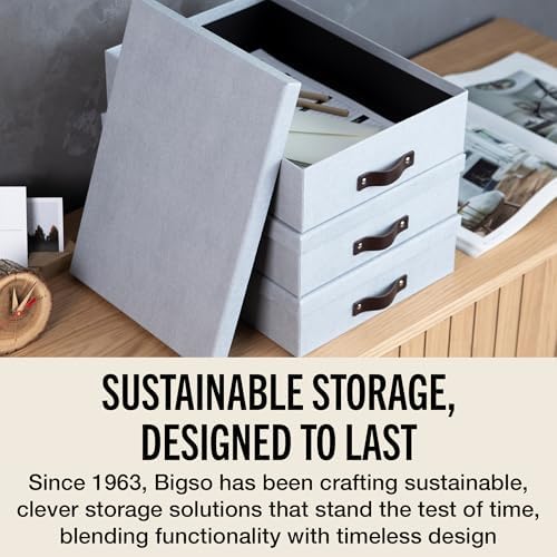 Bigso Oskar Canvas Fiberboard Document Letter Box - File Organizer Box for Important Paperwork - Document Storage with a Lid & Leather Handle - 3.3 in x 10.2 in x 13.8 in - 3 Pack - Ash - Image 7