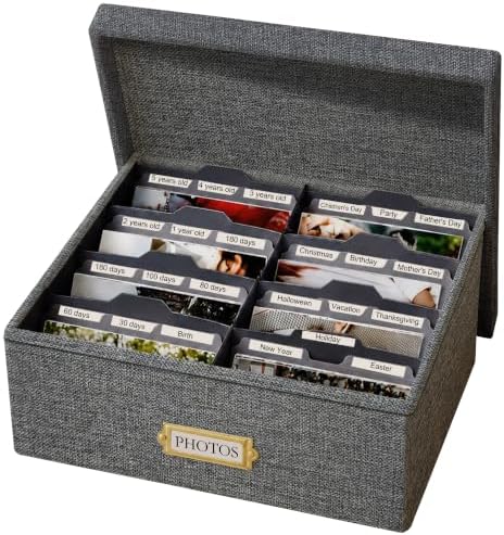 Linen Photo Storage Box, Large Organizer Box, Holds 1700 Picture, Grey by QIQUWU