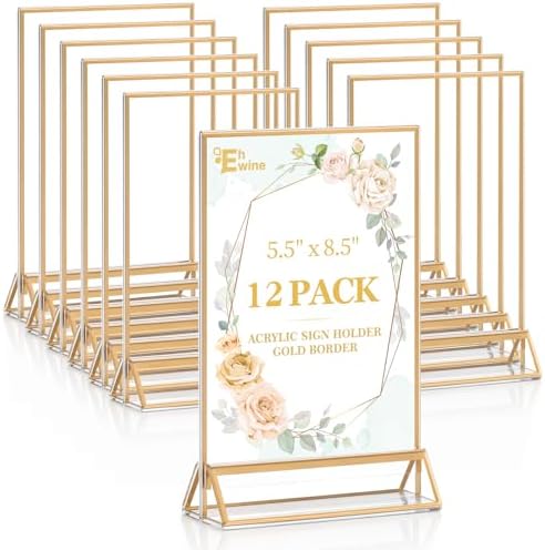 EHWINE 12 Pack Acrylic Sign Holder 5.5 x 8.5, Double Sided Gold Picture Frame Stand up Table Top Sign Holders, Clear Display Stand Menu Flyer Holder for Wedding Party by EHWINE