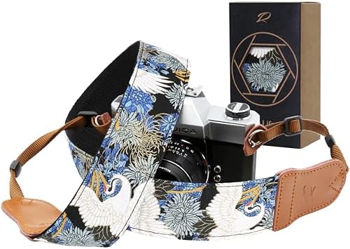 Padwa Lifestyle Blue Crane Camera Strap - 2" Cowhide Leather Head Cotton Camera Straps for Photographers,Vintage Japanese Art Print Adjustable Neck & Shoulder Strap for ALL DSLR/SLR Cameras by PadwaLifestyleCameraStrap