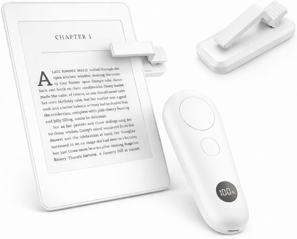 RF Remote Control Page Turner with Upgrade LCD Power Display, Wireless Reading Clicker for Kindle Paperwhite Kobo Oasis iPad, Phone Camera Remote Trigger, 36-Month Warranty (White) by Censisiy