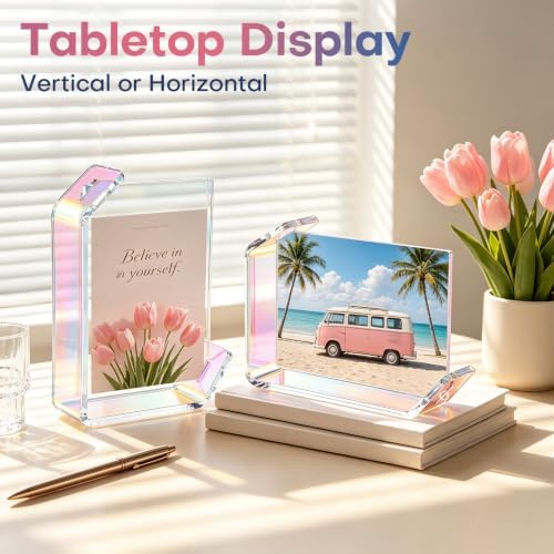 3.5x5inch L Shaped Acrylic Picture Frame, 2 Pack Double Sided Floating Photo Stand for Tabletop, Horizontal Vertical Display Holder Home Office Decor Family Wedding Anniversary, Iridescent - Image 3