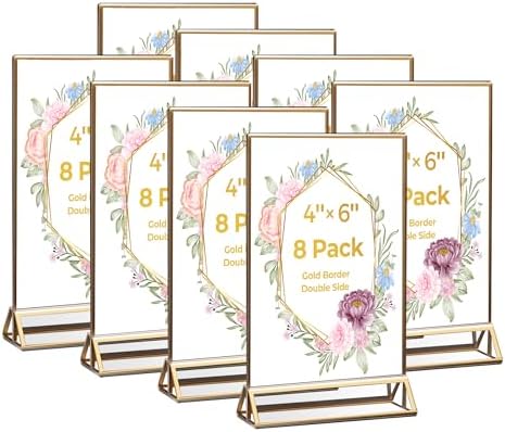8 Pack Acrylic Sign Holder 4x6 Gold Frames, Wedding Table Number Holders Double Sided Vertical Clear Display Stand, Picture Holders for Tables, Menus, Flyers, Party and Office Decor by DECOHOBO