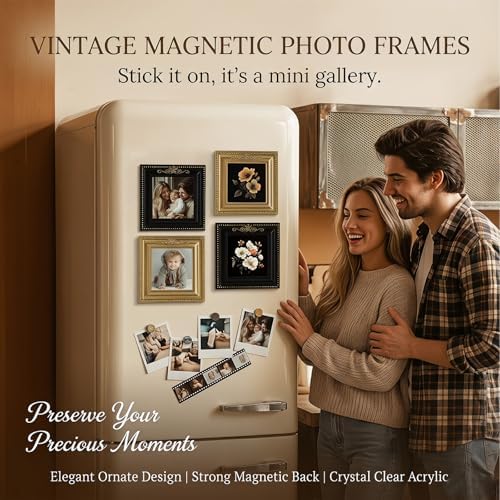 Retro Magnetic Picture Frames for Refrigerator, Set of 2 Mini Vintage Magnet Frames with Strong Magnetic Back, Resin Gold Black 4.33x4.33 inch for Kitchen Decor Photos (Black A) - Image 5